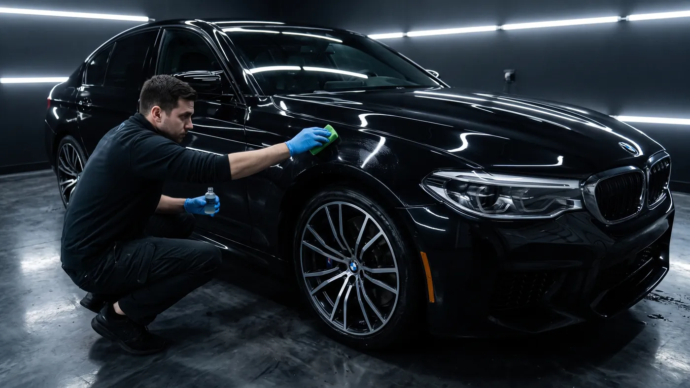 A technician applying ICON Rocklear to the front wing of a car with a microfiber applicator pad