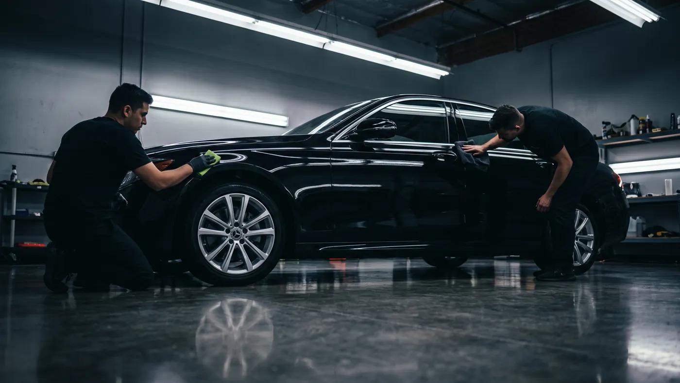 Two certified technicians working the same dark car in an install bay, one with a microfiber applicator pad and one with a cloth