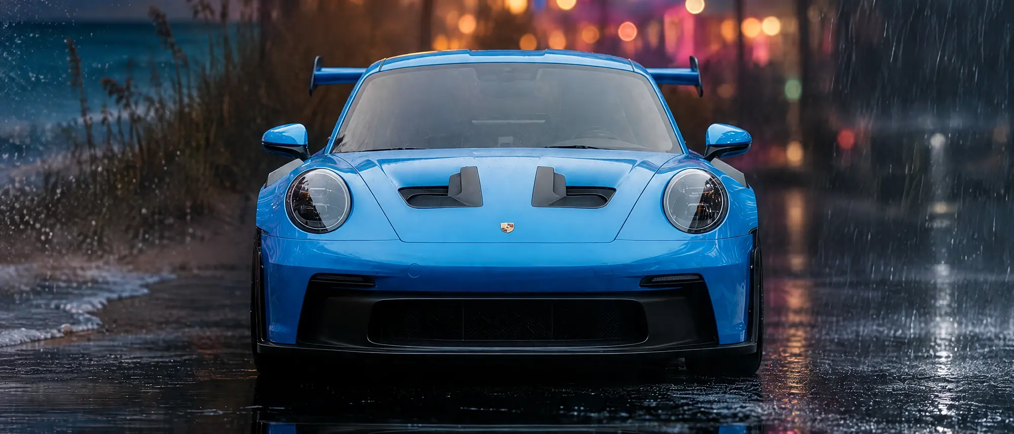 A blue sports car mirrored in wet asphalt against a Florida backdrop of beach, sun, neon and rain