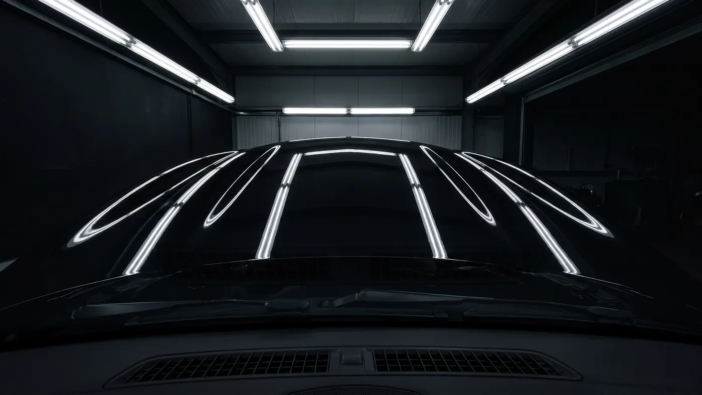 Ceiling light bars mirrored in the gloss hood of a coated car